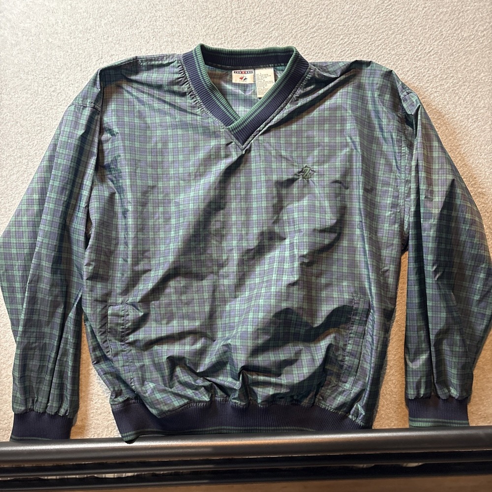 VTG Jerzees 100% Nylon Pullover V Neck Windbreaker Men's Sz L Green Blue 90s